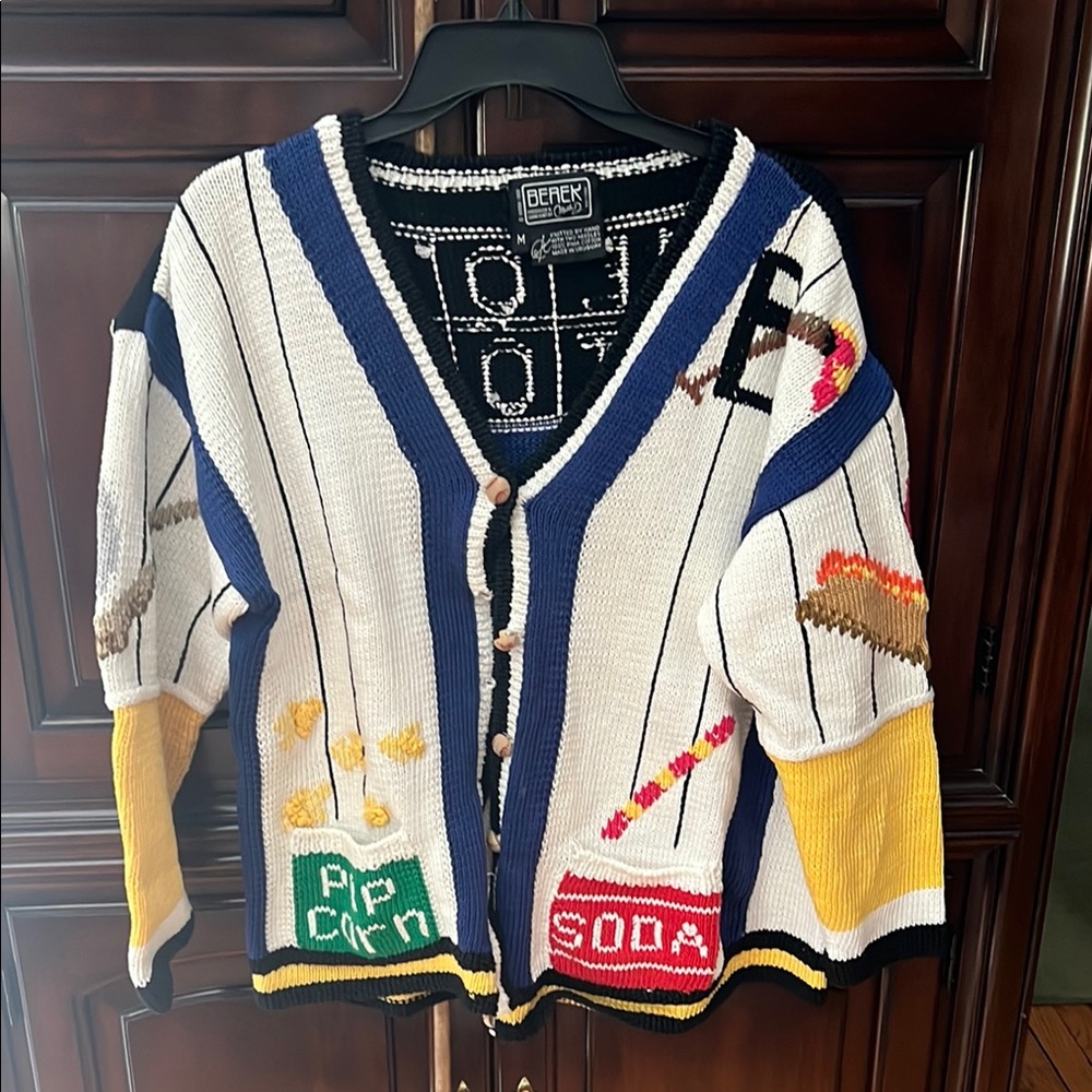 Vintage mid 1980s Berek Colorful Graphic Cardigan Sweater ball game theme